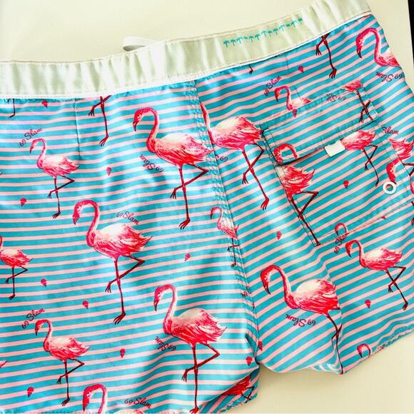 MENS 69 SLAM Blue White Striped Flamingo Print Swimsuit Swim Trunks Shorts 34 L - Picture 7 of 9